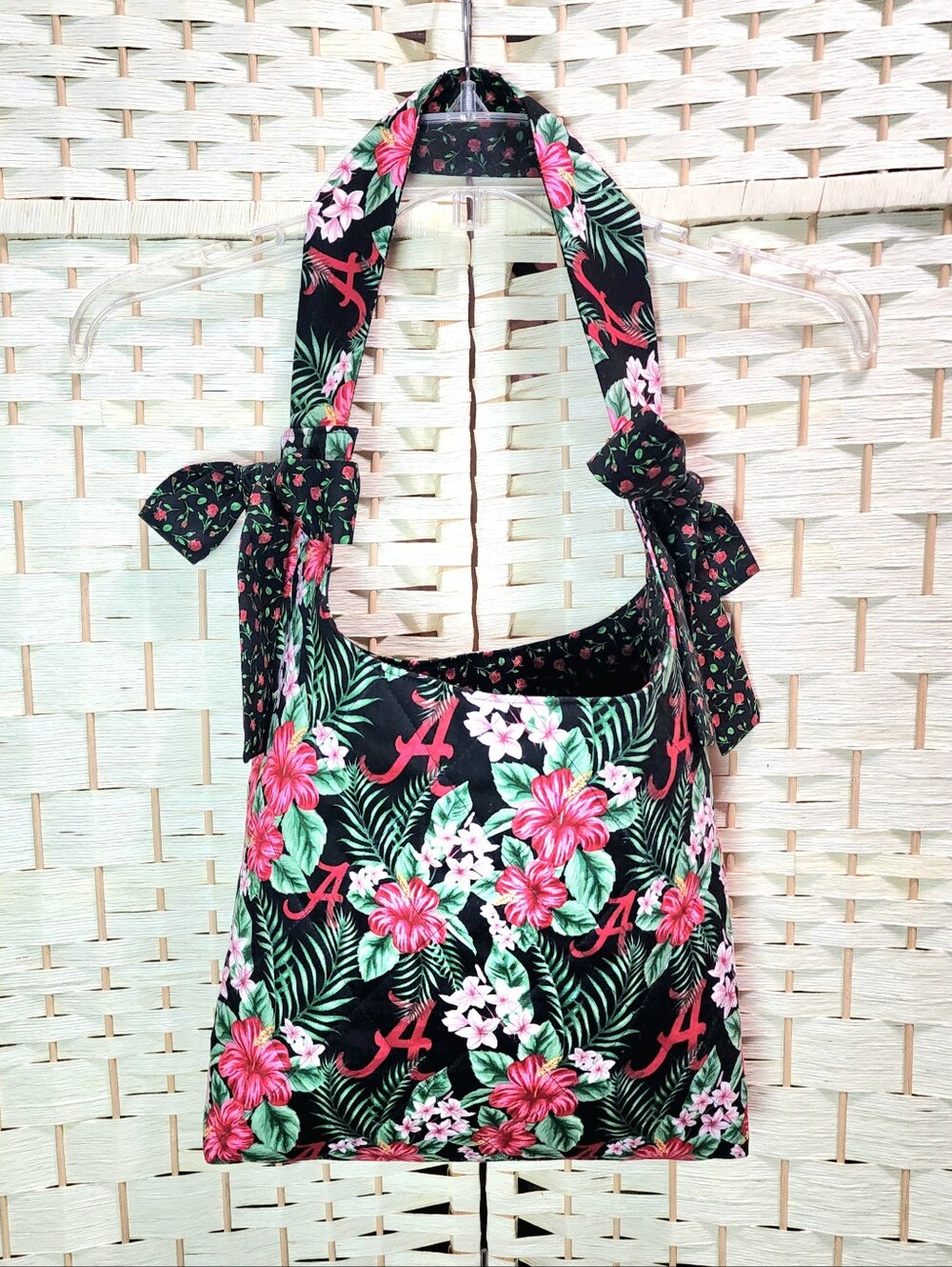 Handmade Quilted Bow Tote Bag University Of Alabama Crimson Tide Floral Cotton